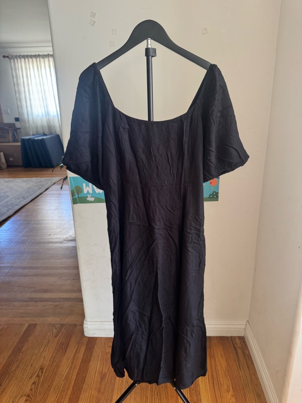 Old Navy Black Midi Dress with Scoop Neck and Short Puff Sleeves